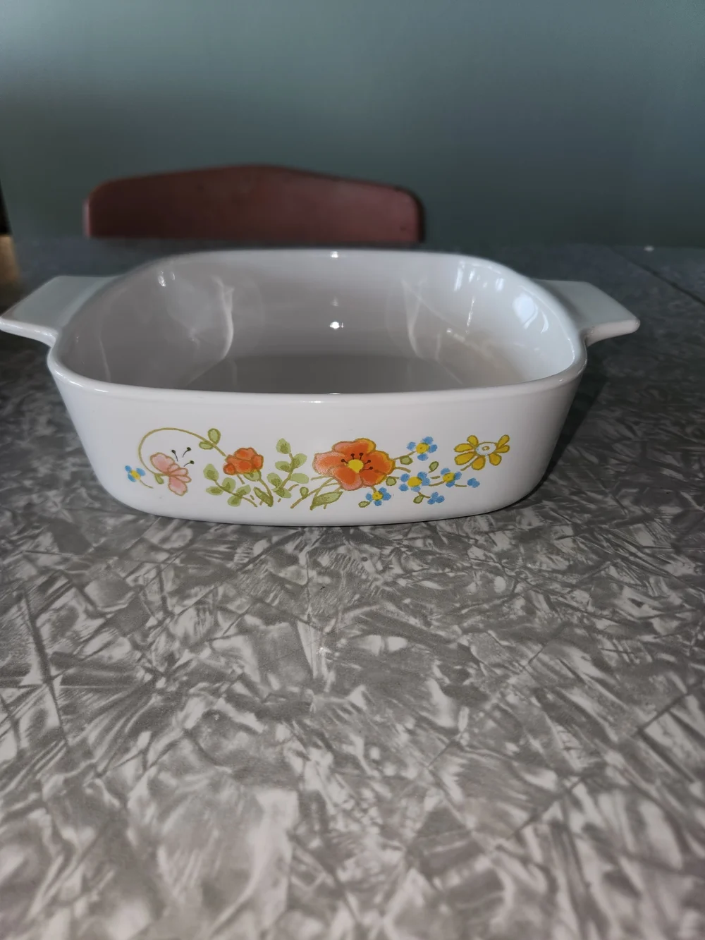 Corningware White Ceramic Casserole with Orange and Yellow Floral Pattern